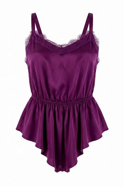 Trendyol Collection Salopetă mov din satin cu bretele și volane, tip babydoll...