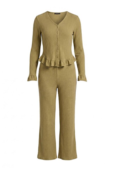 Trendyol Collection Set de pijamale tricotate cu volane, din poliester kaki ș...