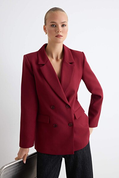TRENDYOLMİLLA Bordo Regular Astarlı Kruvaze Kapama Dokuma Blazer Ceket TWOAW2...
