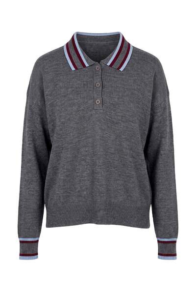 Trendyol Collection Anthracite Color Block Polo Collar Knitwear Sweater Twoaw...