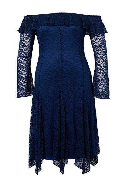 Trendyol Curve Navy Blue Ruffled Collar Lace Detailed Knitted Plus Size Dress...