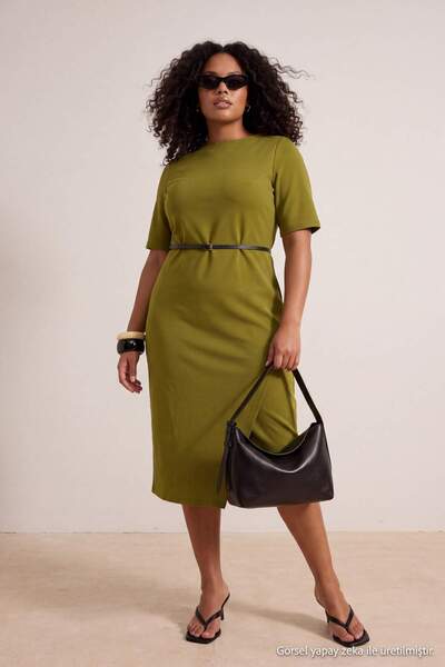Trendyol Curve Khaki Midi Belted Three Quarter Sleeve Knitted Plus Size Dress...