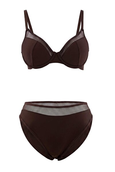 Trendyol Collection طقم ملابس داخلية بني اللون من مايكرو فلات ثابت بغطاء داخل...
