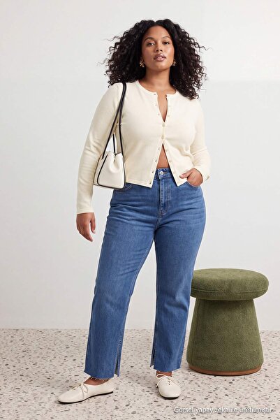 Trendyol Curve Dark Blue High Waist Slit Detailed Flare Fit Plus Size Jeans T...