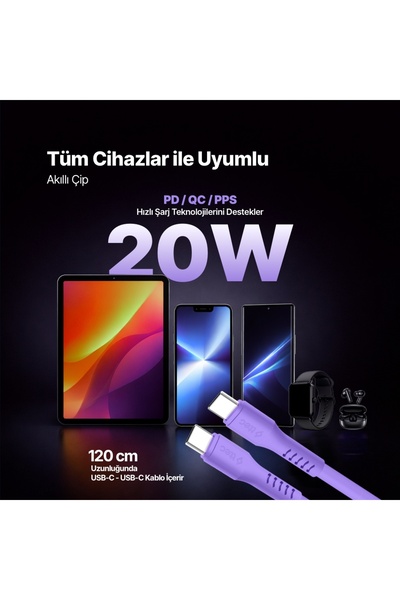 Ttec SmartCharger GAN 20W PD Seyahat Hızlı Şarj Aleti + USB-C - USB-C 3A Kablo Neon 2SCG20CN
