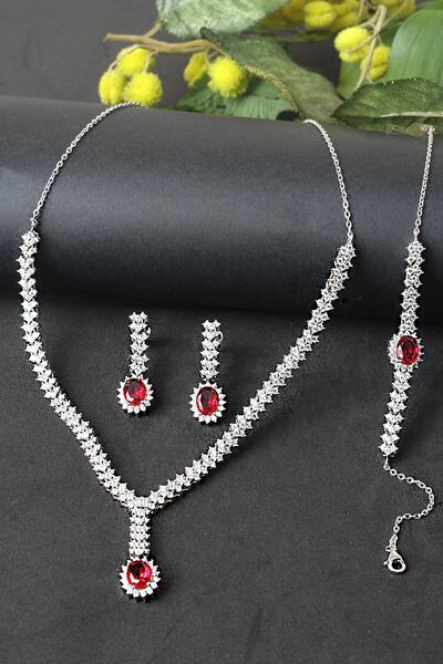 BY BARUN SİLVER Gümüş Set Gerdanlık Kolye Küpe Bileklik Yakut Zümrüt Safir 92...