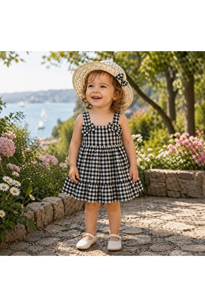 Tomurcuk bebe Kız Çocuk Fiyonk Detaylı Askılı Elbise Hasır Şapka 2’li Şık Yaz...