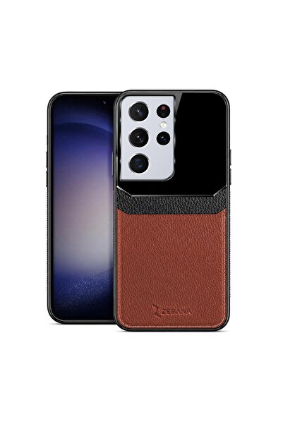 Zebana Samsung Galaxy S21 Ultra Uyumlu Kılıf Lens Deri Kılıf Kahverengi