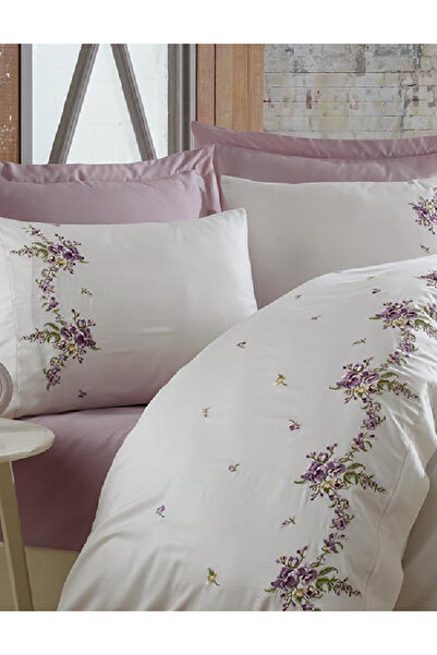 Dantela Nisa Cotton Satin Double Duvet Cover Set - White