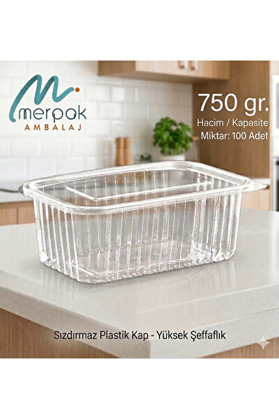 Merpak Ambalaj Plastik Kapaklı Saklama Kabı 750 gr 100'lü Sızdırmaz Kap Şeffaf Kullan At Kase