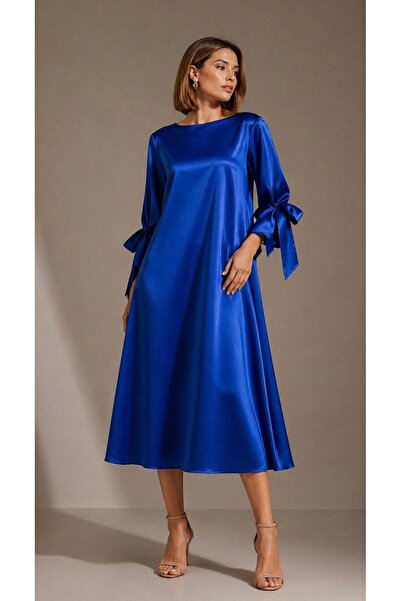 MERT ERKAN Satin Oversize Midi Dress with Sleeve Tie Detail