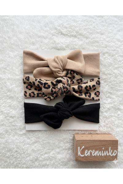 Kereminko Bebek Kız Bebek ve Çocuk Leopar Desenli Fiyonklu Saç Bandanası 3lü Set