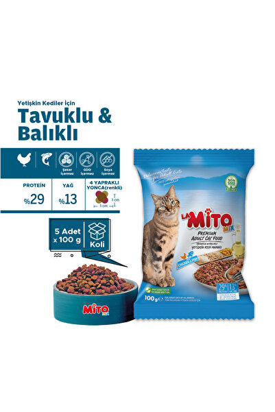 LaMitoMix Adult Cat 100 gr x 5 Adet Tavuklu ve Balıklı Renkli Taneli Yetişkin...