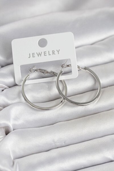 TakÇalıştır Silver Color Brass Cornered Edge Hoop 32 mm Women's Earrings