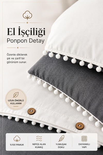 Larispera Cotton Ranforce Pompom Double Duvet Cover Set with Luxurious Detailed Leather Label and Wooden Buttons