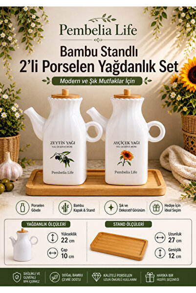Pembelia Life Square 2-Piece Porcelain 1000 ml Oil Pot Set with Bamboo Stand ...