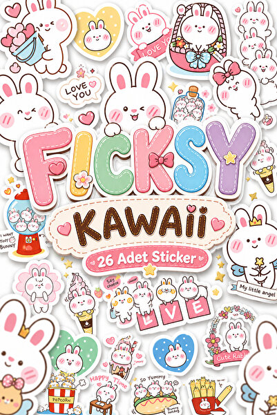 Ficksy Kawaii Stili Sevimli Tavşan Sticker Seti - 26 Adet Etiket Çıkartma