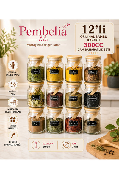 Pembelia Life 12’li Etiketli Bambu Kapaklı Ve Kaşıklı 300 ml Baharat Seti Bah...