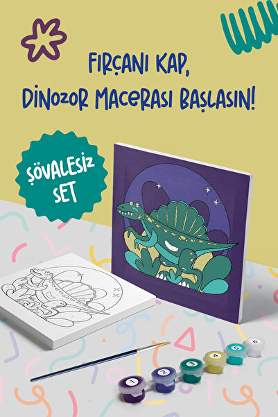 Mind & Play Dino Macera Temalı Çocuk Tuval Boyama Seti | Tuval + 6 Renk Akril...