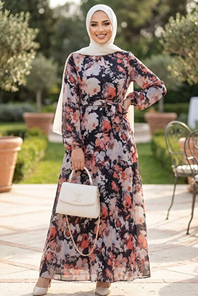 Neva Style Çiçek Desenli Siyah Tesettür Elbise 27970S