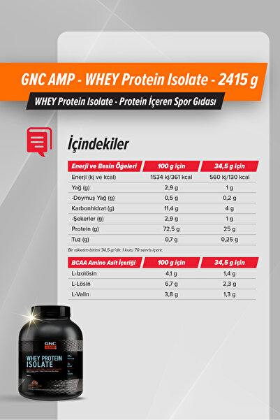 GNC WHEY Protein Isolate - Yüksek Protein İçeren Spor Gıdası - Çikolata Aromalı