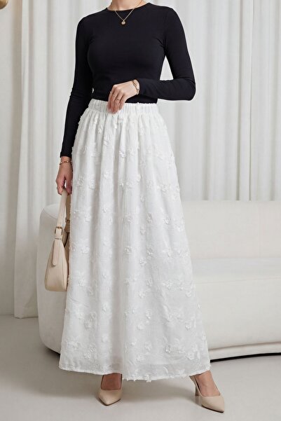 Modamorfo Elastic Waist Scalloped Lined Linen Skirt - Ecru