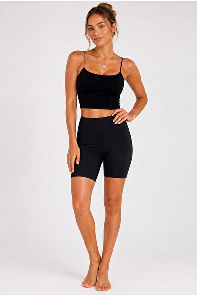 İpeqCollection İp Askılı Astarlı Crop Büstiyer Bluz ve kısa tayt İkili Set