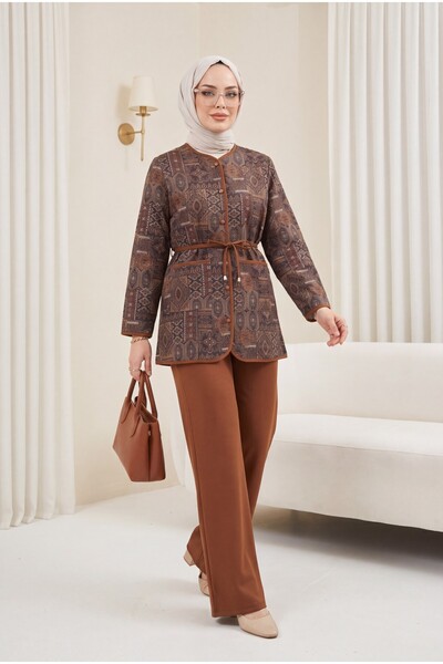 Modamorfo Top with Buttons, Pockets, Belt, Patterned Pants Dabıl Set - Tan