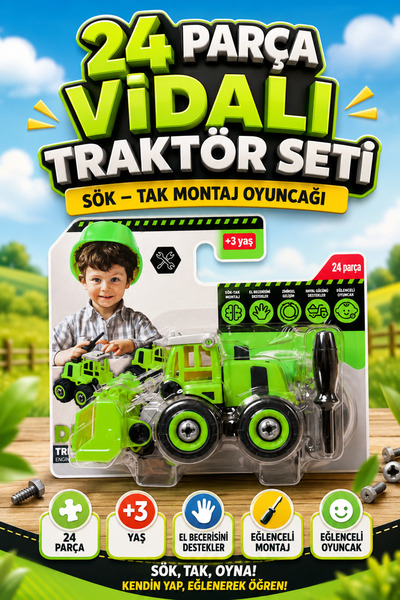 viyol marketim 24 Parça Vidalı Oyuncak Traktör – Sök Tak İş Makinesi Seti | E...