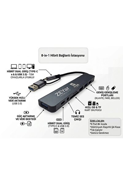 ZEYar Teknoloji 8-in-2 Hub USB 3.0 &amp; Type-C Hibrit Girişli SD Kart Okuyuc...