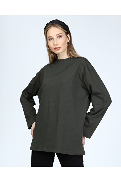 BASICA Kadın Haki Uzun Kollu Bisiklet Yaka Basic Oversize T-shirt