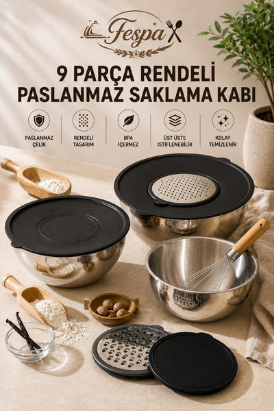Fespa Solingen Rendeli Paslanmaz Saklama Kabı Seti 9 Parça Çelik Karıştırma K...