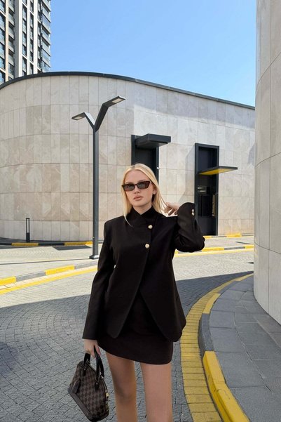 lizge giyim Cycling Collar Jacket with Side Buttons and Belt