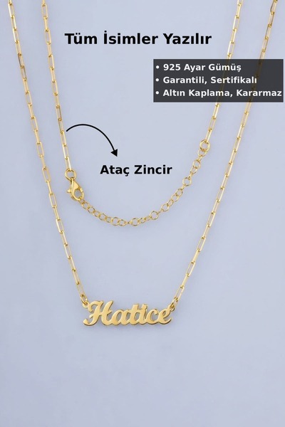Jewelmim Ataç Zincir İsim Yazılı Gümüş Kolye | Sarı Altın Kaplama Hediye 925 ...
