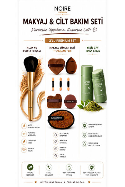 NOIRE PREMIUM Yeşil Çay Özlü Siyah Nokta ve Akne Maskesi + 8 Parça Makyaj Sün...
