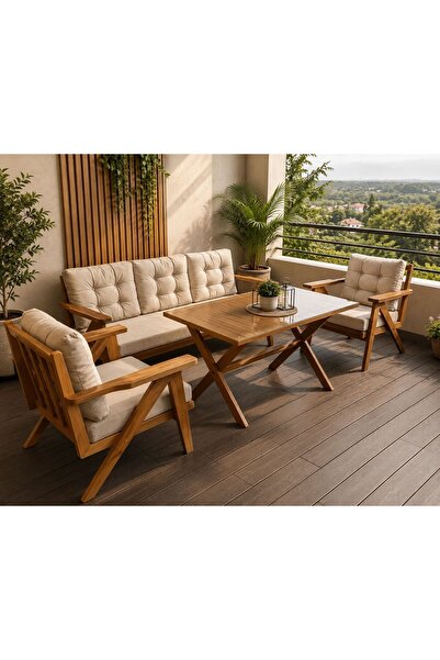larissa design balkon bahçe takımı kayın(gügen) ağacı 3-1-1 -masa
