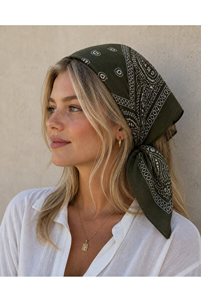 PİNPİN AKSESUAR YEŞİL HAKİ BEYAZ ETNİK DESENLİ %100 PAMUK BANDANA 55x55cm