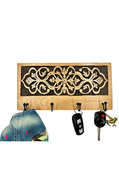 Souq DESIGNS Key Holder for Wall – Hand-Carved Decorative Wooden Key Hanger with 4 Hooks | Key Hanger for Wall Entryway | Key Organizer | Arabic Floral Wall Art | Rustic Black Ebony | No Drilling