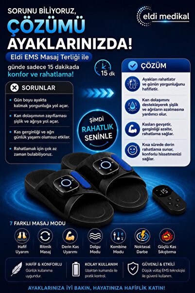 Eldi Medikal EMS Ayak Masaj Terliği - 7 Mod 15 Kademe - Rahatlatıcı Masaj Aleti