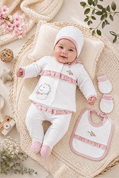 Sitilin Kız Bebek Natural Pamuk Kumaş 5 Li işlemeli Lüks Hastane Çıkışı Seti ...