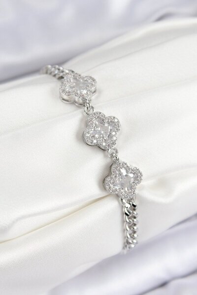 Skygo Brass Zircon Stone Clover Model Silver Color Women's Bracelet - Tj-Bb7546