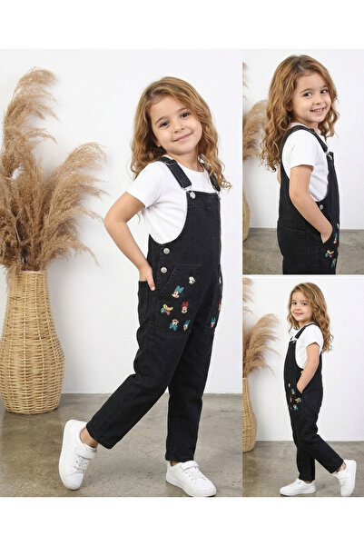 gnygiyim Girl's Denim Salopet Overalls with Adjustable Straps and Character Print
