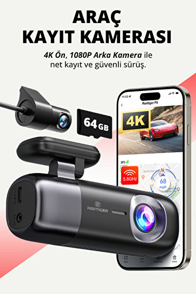 CONOCER Redtiger F9 UHD 4K Dash Araç İçi Kamerası + Arka Kamera 1080P Wi-Fi ,...