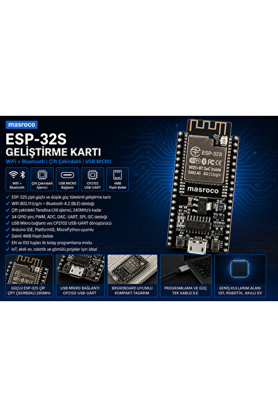 ESP ESP32S Wifi - Bluetooth Geliştirme Kartı - CH340 (SMA – U.FL (IPEX) dönüş...