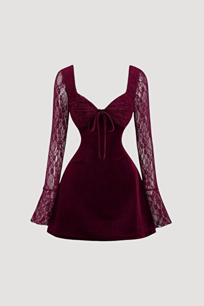 Celns Collection Bordo Kadife Dantel Detaylı İspanyol Kol Mini Elbise | Davet...