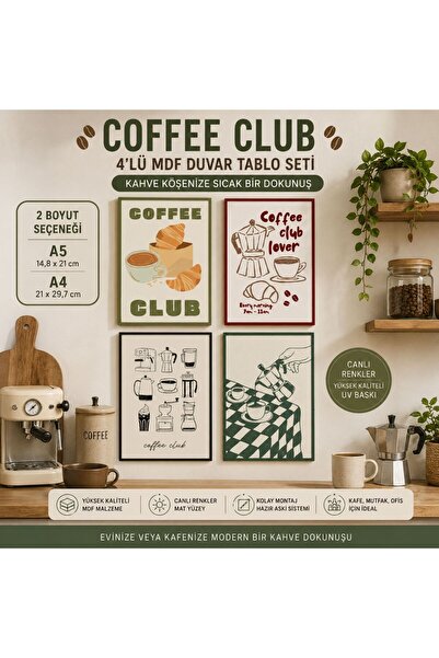 HippoDeco Kahve Temalı MDF Duvar Tablosu Seti 4’lü – Coffee Club Dekoratif A4...