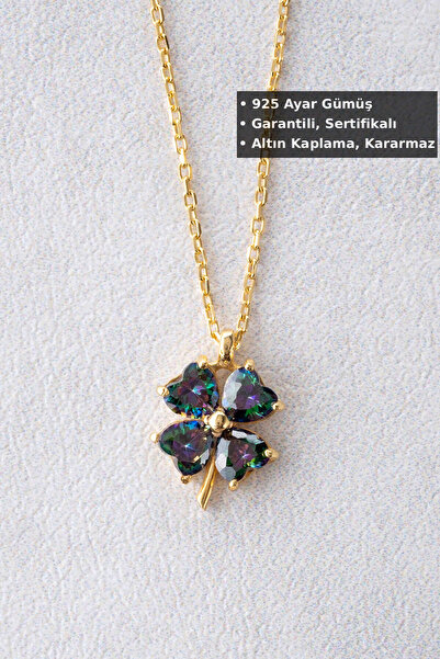 Jewelmim Mistik Taşlı Yoncalı Kolye | Sarı Altın Kaplama 925 Ayar Kadın Dört ...