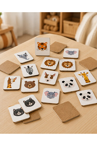 karbonsoft Zeka Kartları Eşleştirme Oyunu Sevimli Hayvan Hafıza Kartı Ahşap Eğitici Puzzle Oyuncak (5,5X7,5 CM)