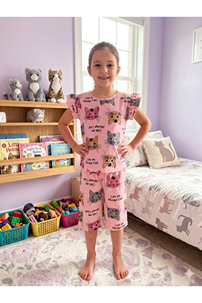 Fil Kids Devojčice 100% pamuk, roze boja, šare mačaka, kratki rukavi, kratke ...