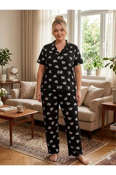 PİJAMOOD Kadın Battal Beden  Kısa Kollu Pamuklu Önden Düğmeli  Pijama Takımı